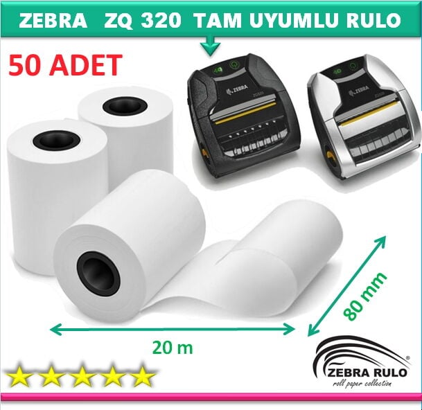 50 ADET 80X20m Zebra ZQ320 Mobil Taşınabilir Termal Yazıcı Rulosu 80*20