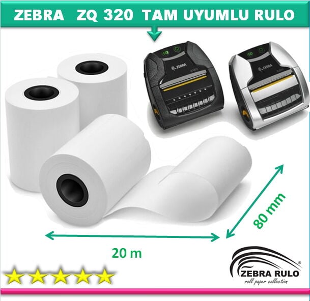 80x20m Termal Rulo Zebra ZQ320 Mobil Taşınabilir Termal Yazıcı Rulosu (Saha Mobil Barkod Yazıcı ZQ320 80*20 termal rulo)